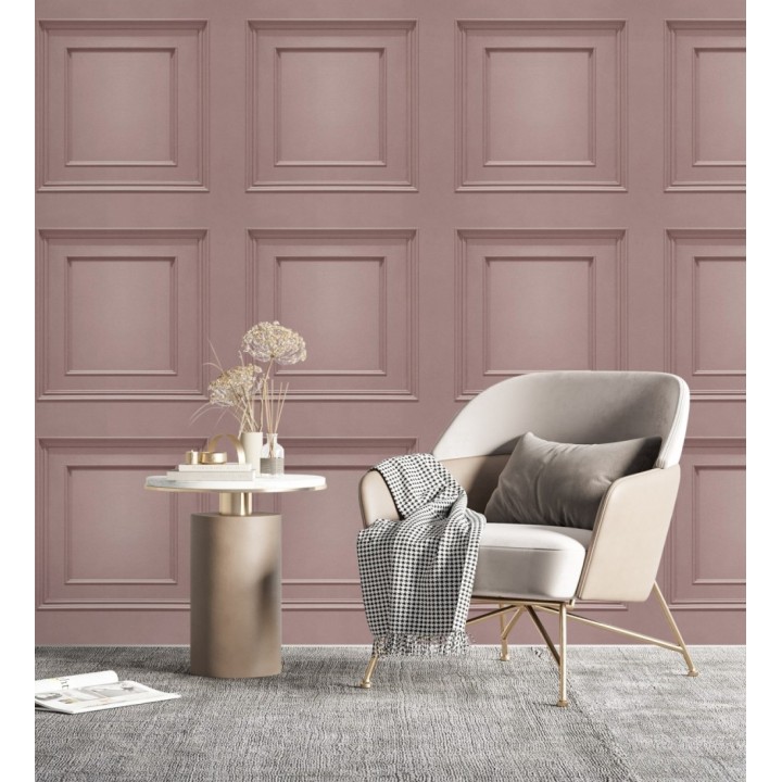 Papel pintado con efecto visual de casetones de madera color rosa sin relieve - Hampton Frame 683590