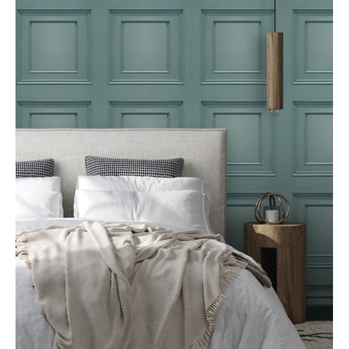 Papel pintado con efecto visual de casetones de madera color turquesa sin relieve - Hampton Frame 683591