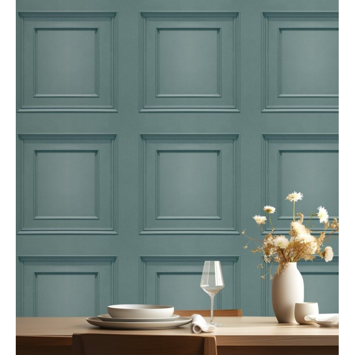 Papel pintado con efecto visual de casetones de madera color turquesa sin relieve - Hampton Frame 683591