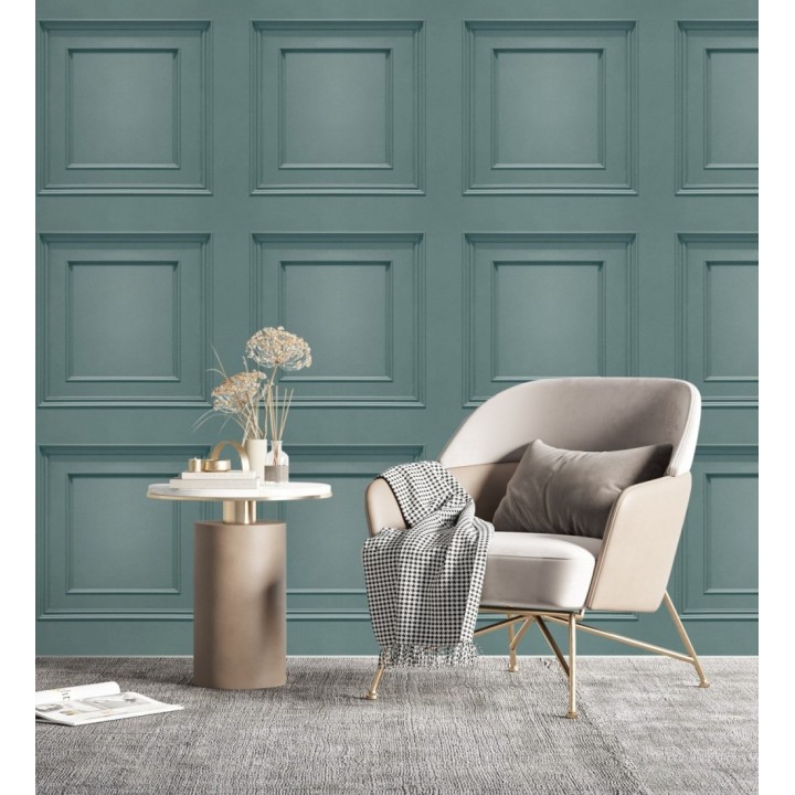 Papel pintado con efecto visual de casetones de madera color turquesa sin relieve - Hampton Frame 683591