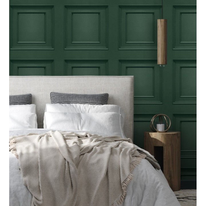 Papel pintado con efecto visual de casetones de madera color verde oscuro sin relieve - Hampton Frame 683592