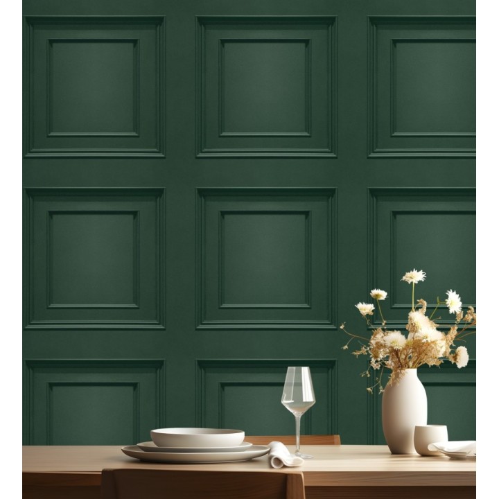 Papel pintado con efecto visual de casetones de madera color verde oscuro sin relieve - Hampton Frame 683592