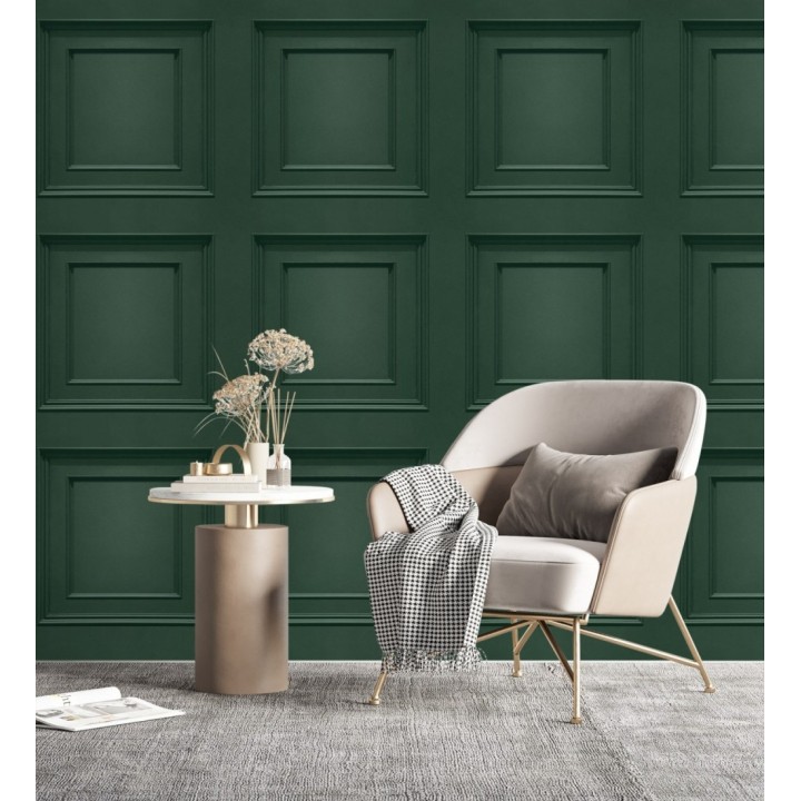 Papel pintado con efecto visual de casetones de madera color verde oscuro sin relieve - Hampton Frame 683592