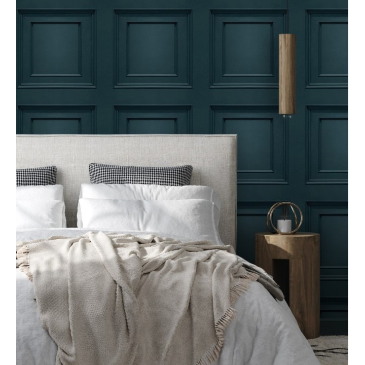 Papel pintado con efecto visual de casetones de madera color azul oscuro sin relieve - Hampton Frame 683593