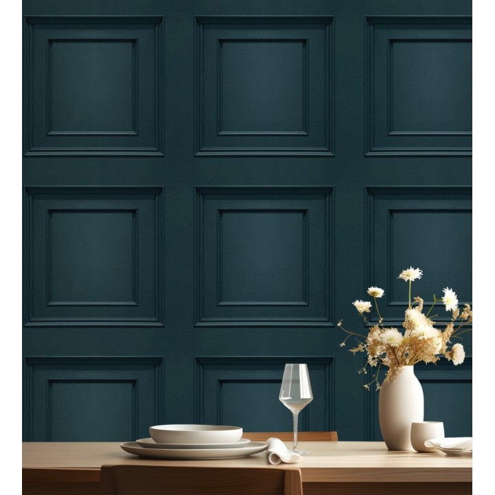 Papel pintado con efecto visual de casetones de madera color azul oscuro sin relieve - Hampton Frame 683593