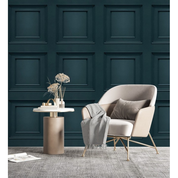 Papel pintado con efecto visual de casetones de madera color azul oscuro sin relieve - Hampton Frame 683593