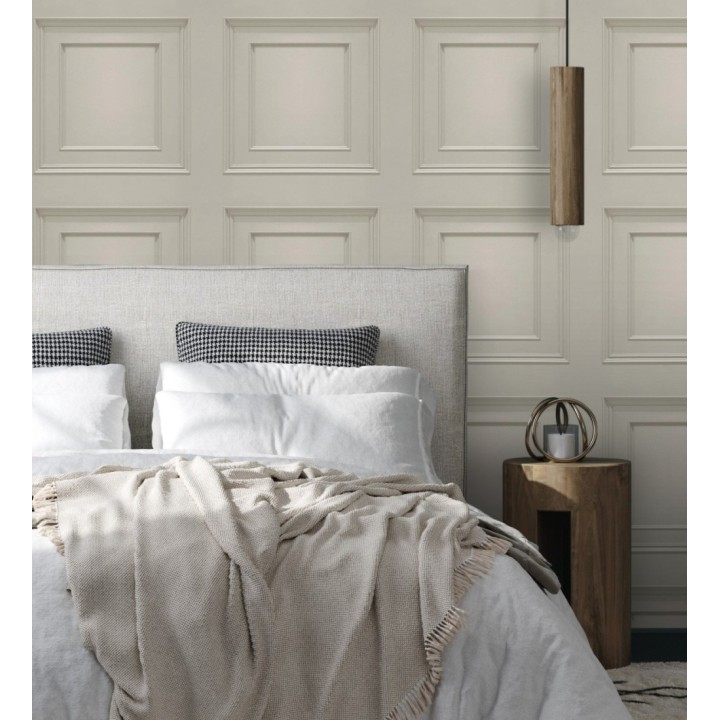 Papel pintado con efecto visual de casetones de madera color beige sin relieve - Hampton Frame 683594