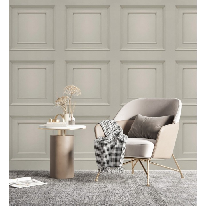 Papel pintado con efecto visual de casetones de madera color beige sin relieve - Hampton Frame 683594