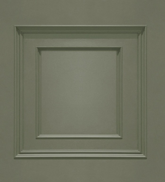 Papel pintado con efecto visual de casetones de madera color verde caqui sin relieve - Hampton Frame 683595
