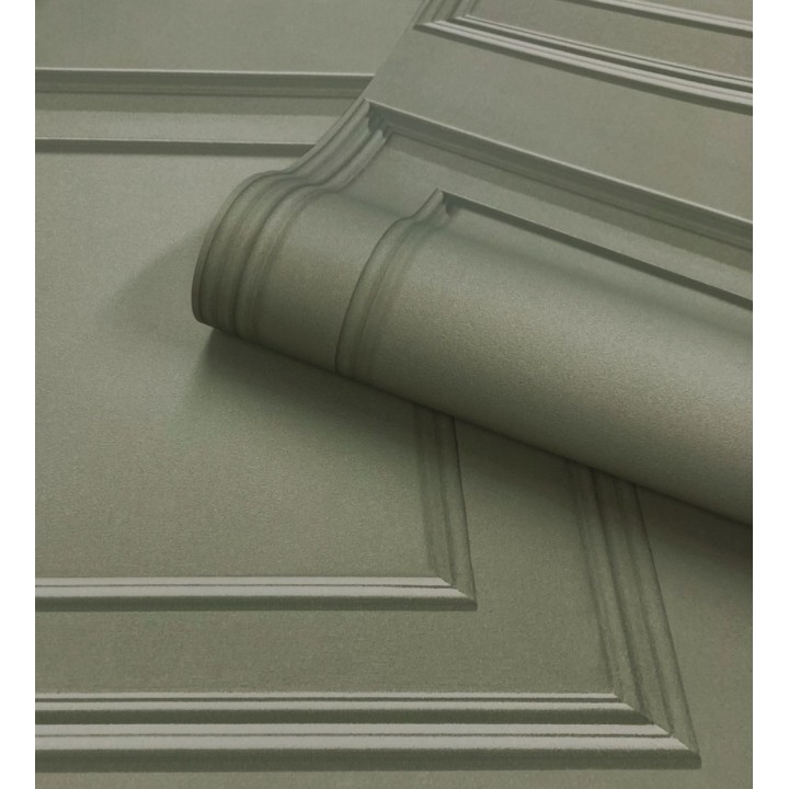 Papel pintado con efecto visual de casetones de madera color verde caqui sin relieve - Hampton Frame 683595