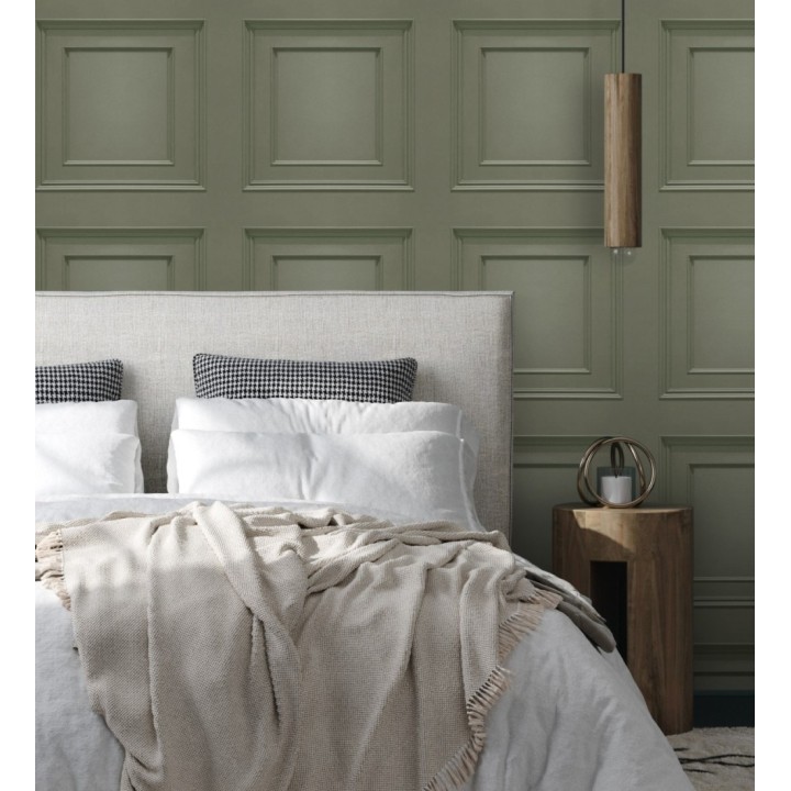 Papel pintado con efecto visual de casetones de madera color verde caqui sin relieve - Hampton Frame 683595