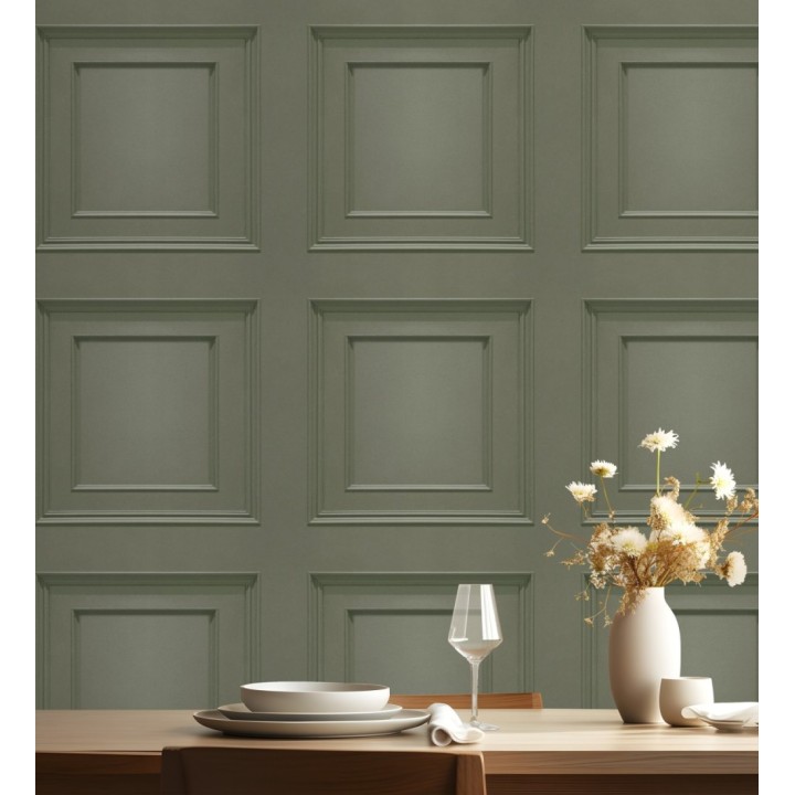 Papel pintado con efecto visual de casetones de madera color verde caqui sin relieve - Hampton Frame 683595