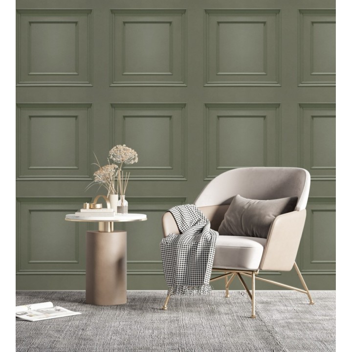 Papel pintado con efecto visual de casetones de madera color verde caqui sin relieve - Hampton Frame 683595