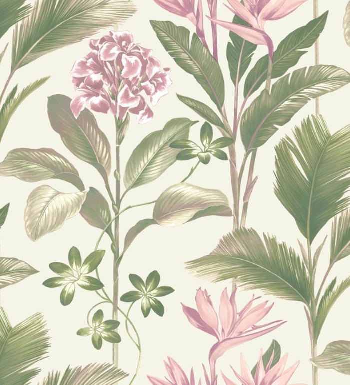 Papel pintado de flores del paraíso y hojas estilo tropical color rosa - Mia Orchid 683596