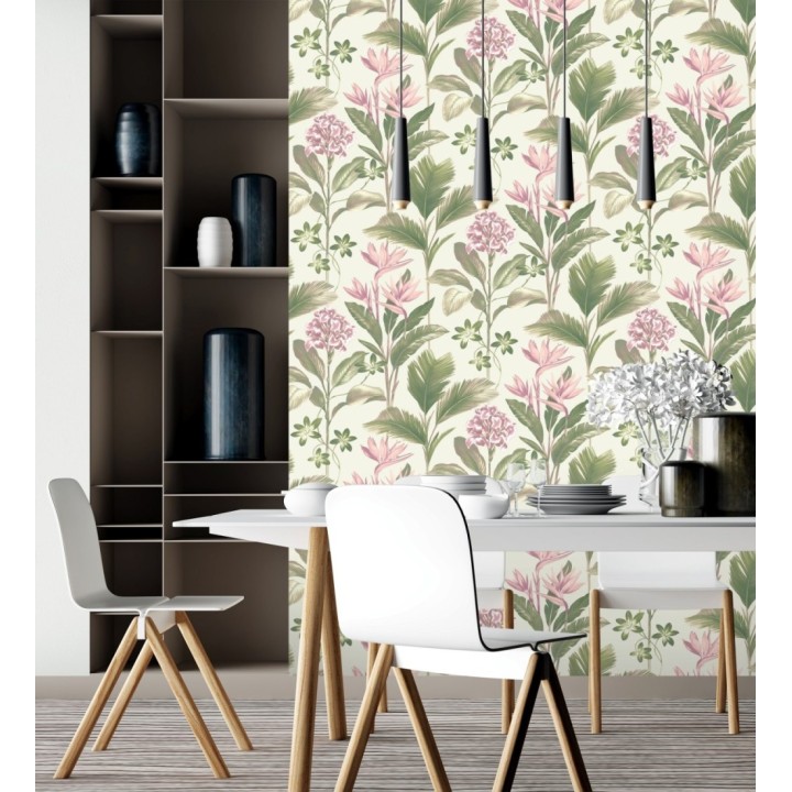 Papel pintado de flores del paraíso y hojas estilo tropical color rosa - Mia Orchid 683596