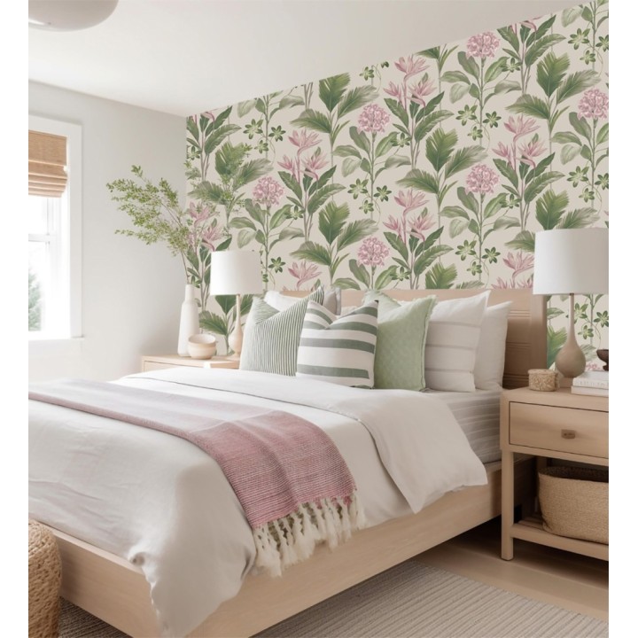 Papel pintado de flores del paraíso y hojas estilo tropical color rosa - Mia Orchid 683596