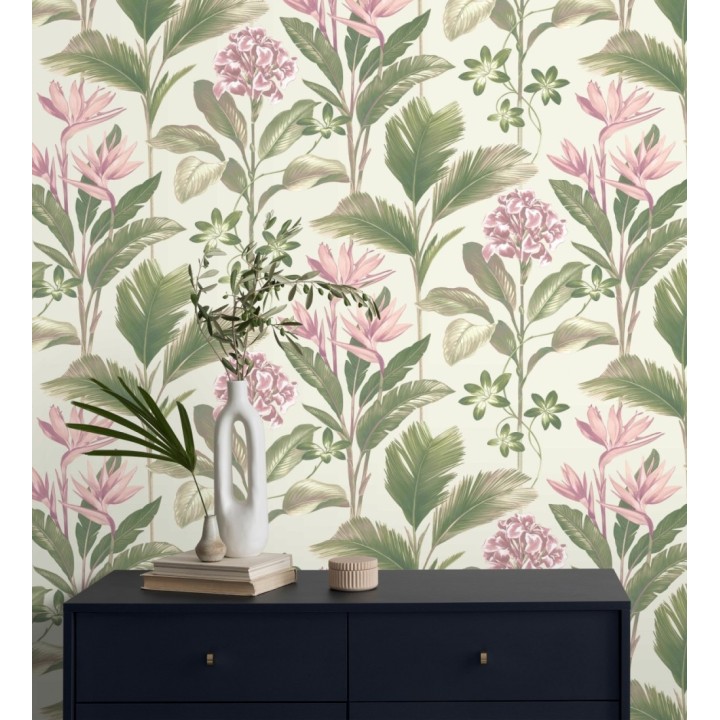 Papel pintado de flores del paraíso y hojas estilo tropical color rosa - Mia Orchid 683596