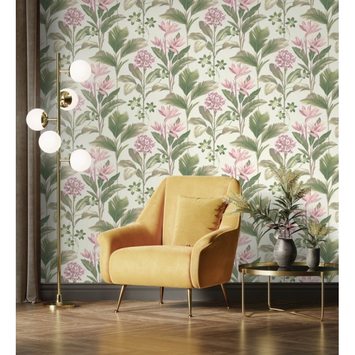 Papel pintado de flores del paraíso y hojas estilo tropical color rosa - Mia Orchid 683596