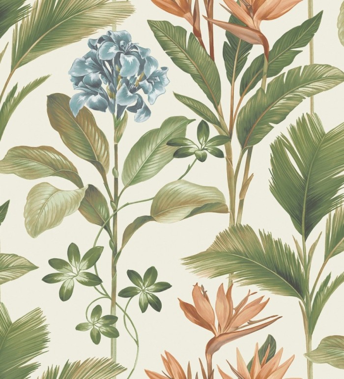 Papel pintado de flores del paraíso y hojas estilo tropical color azul y naranja - Mia Orchid 683597