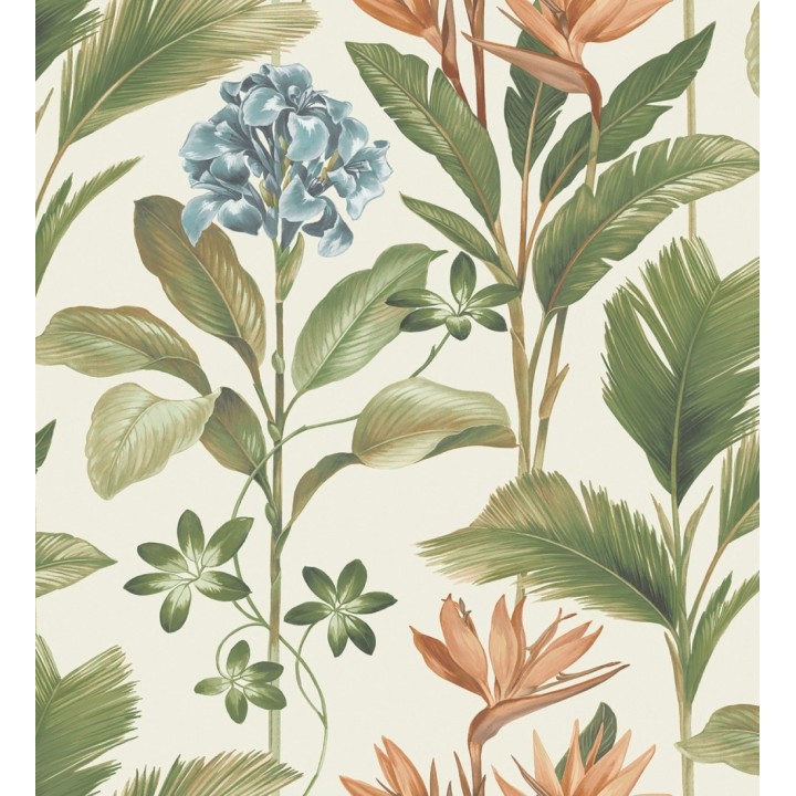 Papel pintado de flores del paraíso y hojas estilo tropical color azul y naranja - Mia Orchid 683597