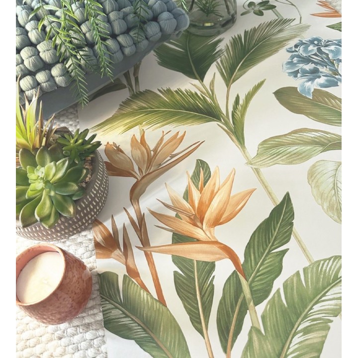 Papel pintado de flores del paraíso y hojas estilo tropical color azul y naranja - Mia Orchid 683597