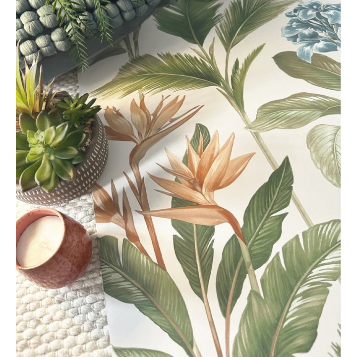 Papel pintado de flores del paraíso y hojas estilo tropical color azul y naranja - Mia Orchid 683597