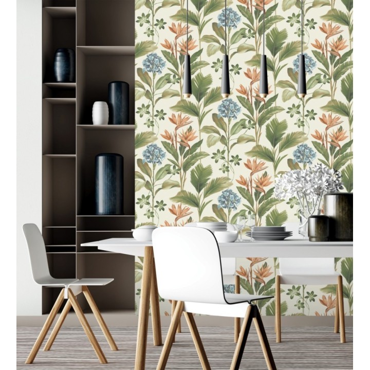 Papel pintado de flores del paraíso y hojas estilo tropical color azul y naranja - Mia Orchid 683597