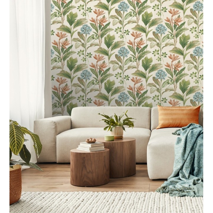 Papel pintado de flores del paraíso y hojas estilo tropical color azul y naranja - Mia Orchid 683597