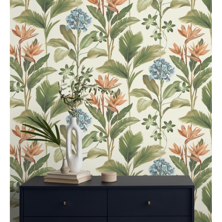 Papel pintado de flores del paraíso y hojas estilo tropical color azul y naranja - Mia Orchid 683597