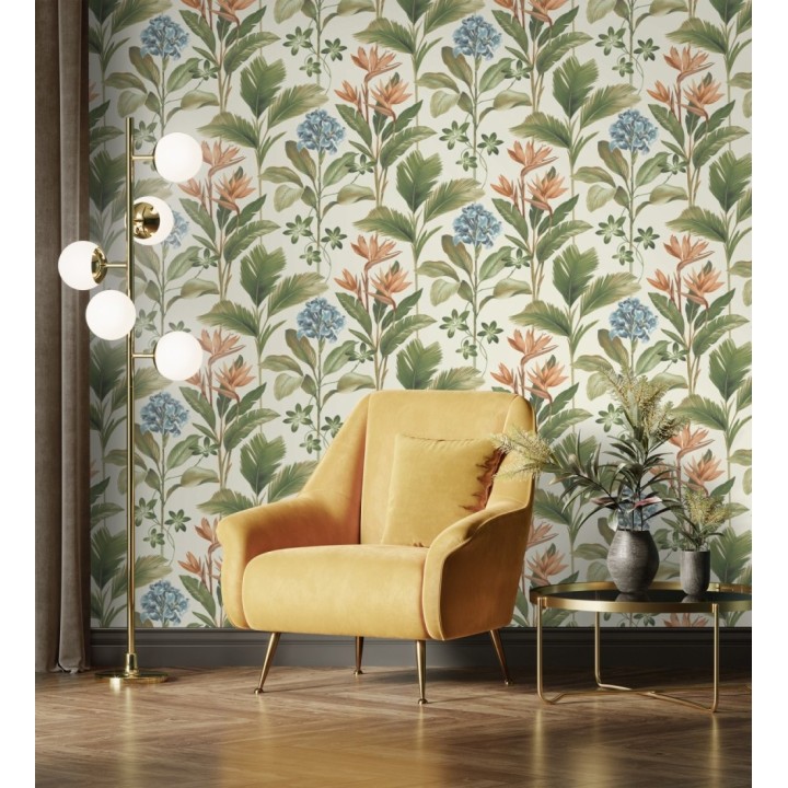 Papel pintado de flores del paraíso y hojas estilo tropical color azul y naranja - Mia Orchid 683597