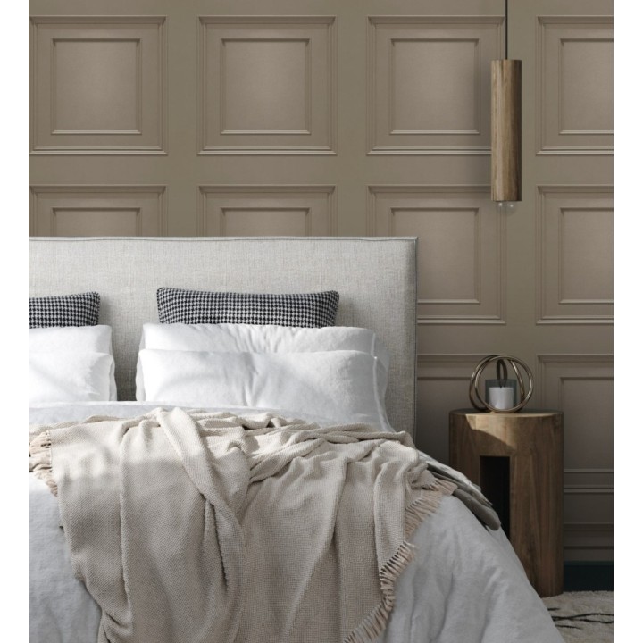 Papel pintado con efecto visual de casetones de madera color marrón sin relieve - Hampton Frame 683598