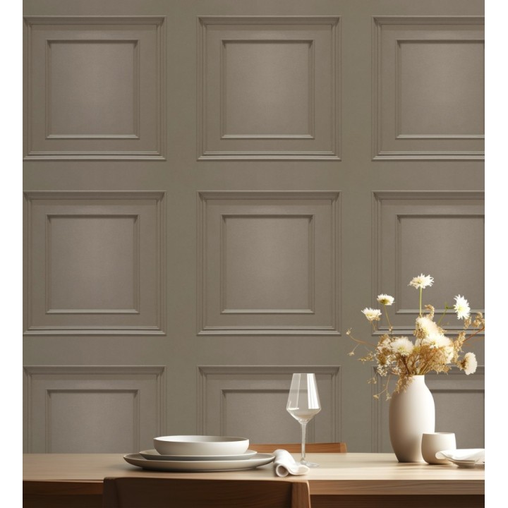 Papel pintado con efecto visual de casetones de madera color marrón sin relieve - Hampton Frame 683598