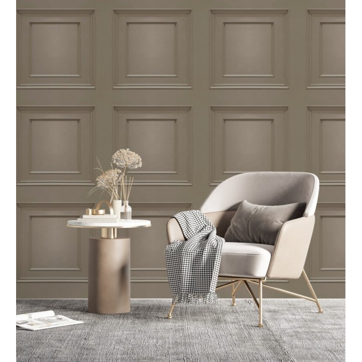 Papel pintado con efecto visual de casetones de madera color marrón sin relieve - Hampton Frame 683598