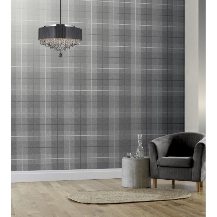 Papel pintado de cuadros escoceses efecto tela tartán color gris claro - Smith Tartan 126299