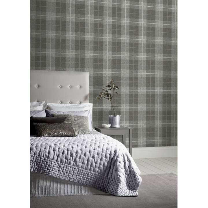 Papel pintado de cuadros escoceses efecto tela tartán color gris claro - Smith Tartan 126299
