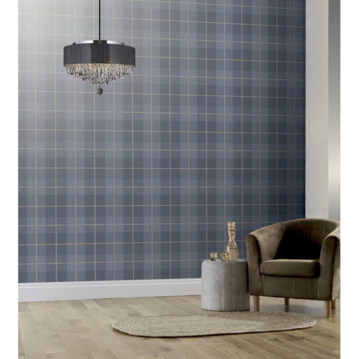Papel pintado de cuadros escoceses efecto tela tartán color azul - Smith Tartan 126301
