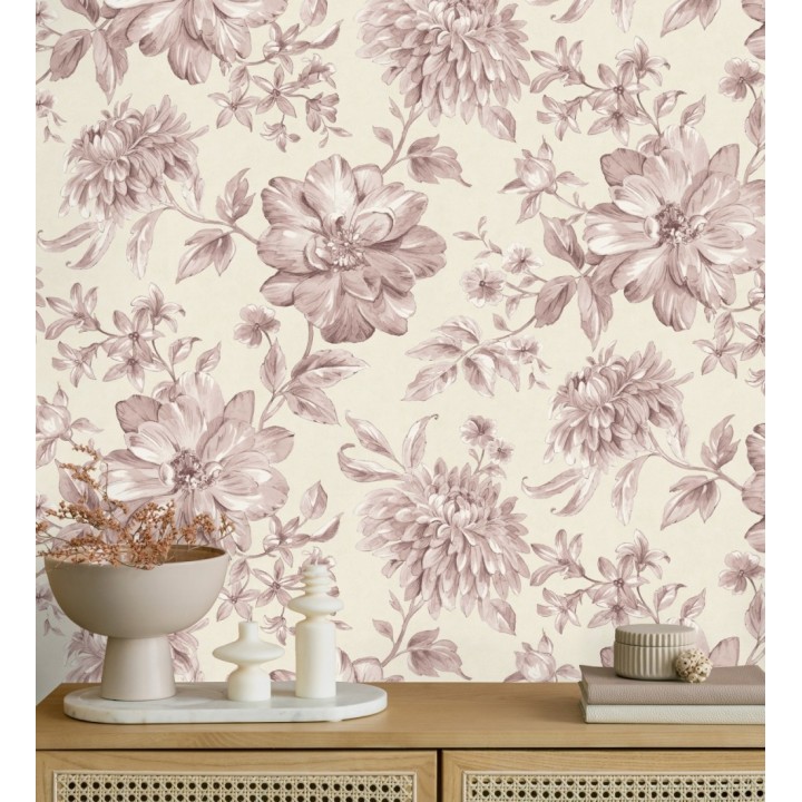 Papel pintado floral vintage tonos rosa empolvado y beige - Rosette Dream 683607