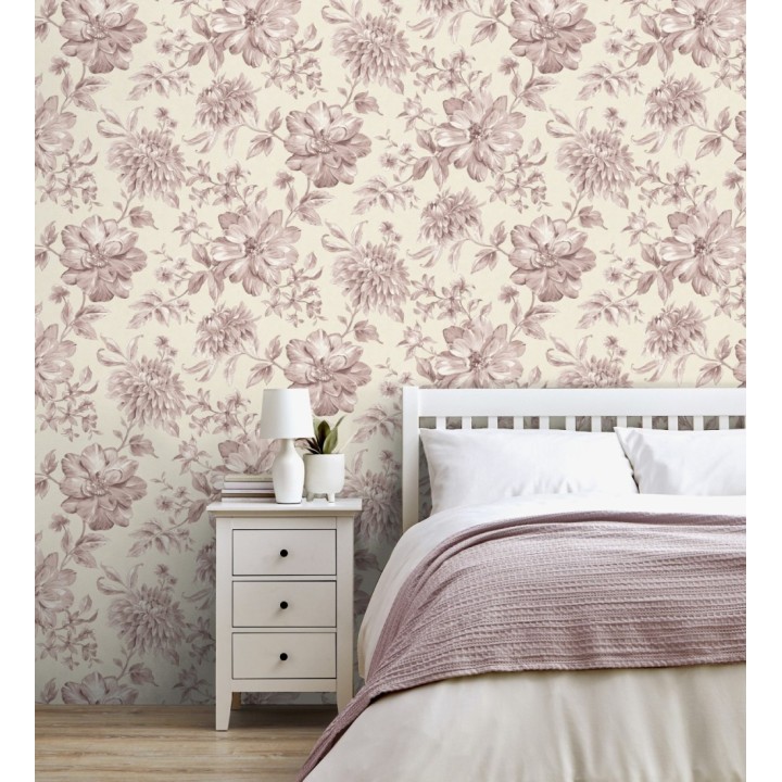Papel pintado floral vintage tonos rosa empolvado y beige - Rosette Dream 683607
