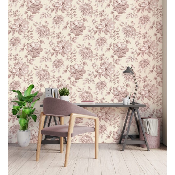 Papel pintado floral vintage tonos rosa empolvado y beige - Rosette Dream 683607