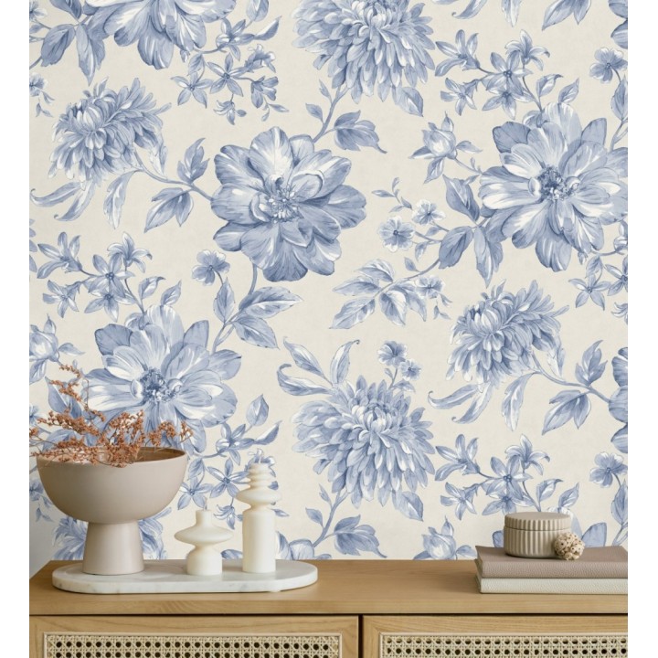 Papel pintado floral vintage tonos azules y gris neutro - Rosette Dream 683608