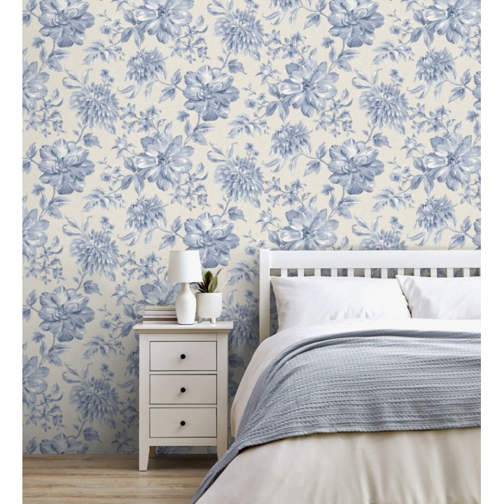 Papel pintado floral vintage tonos azules y gris neutro - Rosette Dream 683608