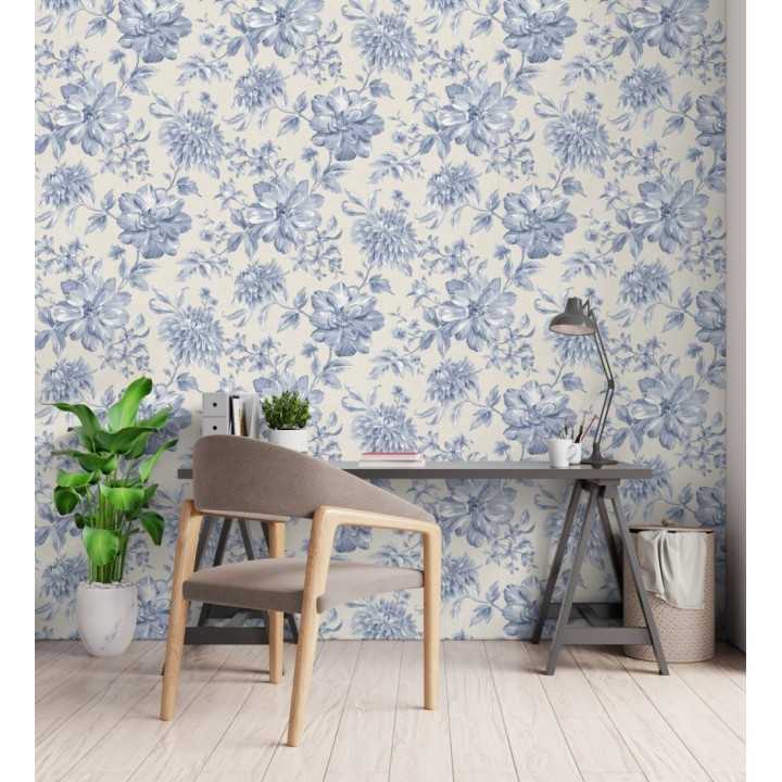 Papel pintado floral vintage tonos azules y gris neutro - Rosette Dream 683608