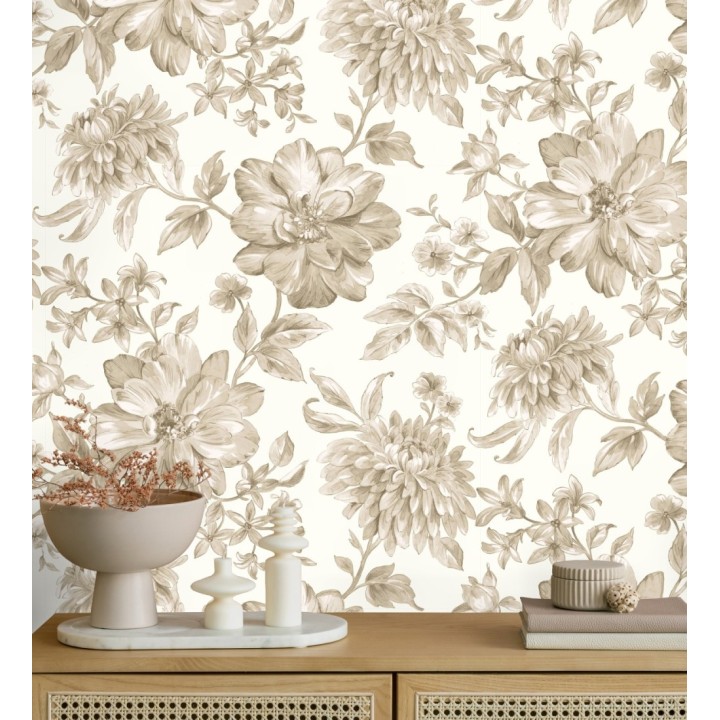 Papel pintado floral vintage tonos beige y blanco - Rosette Dream 683609