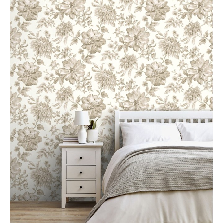 Papel pintado floral vintage tonos beige y blanco - Rosette Dream 683609