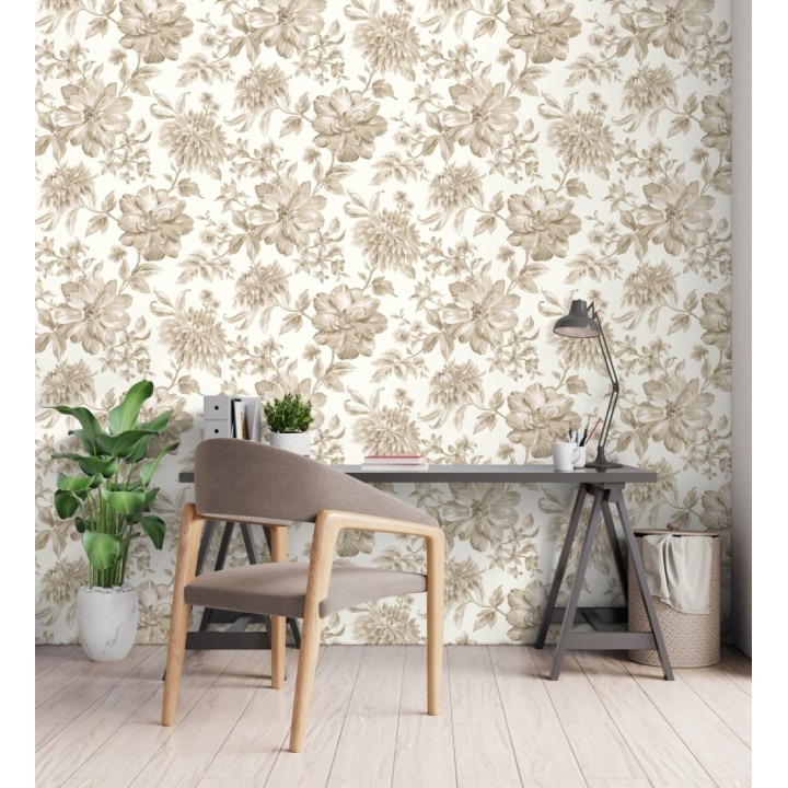 Papel pintado floral vintage tonos beige y blanco - Rosette Dream 683609