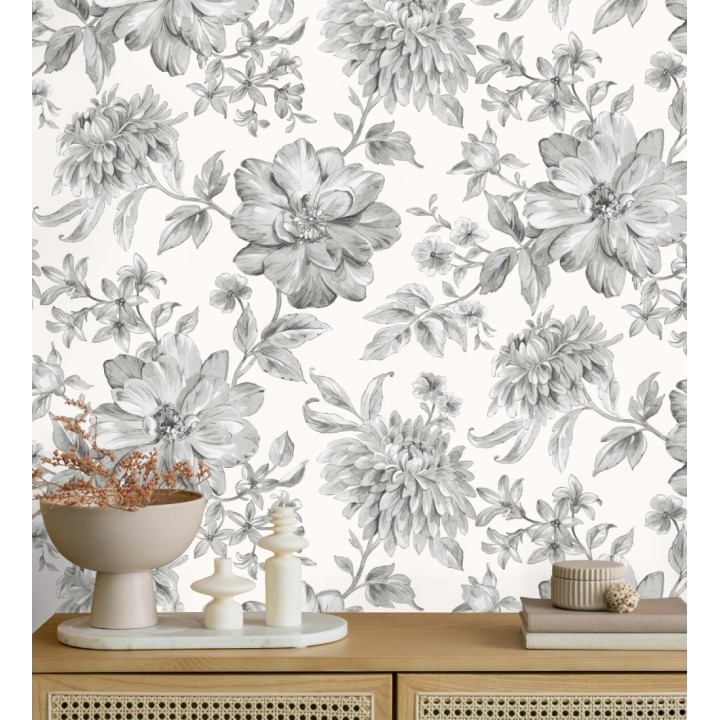 Papel pintado floral vintage tonos grises y blancos - Rosette Dream 683610