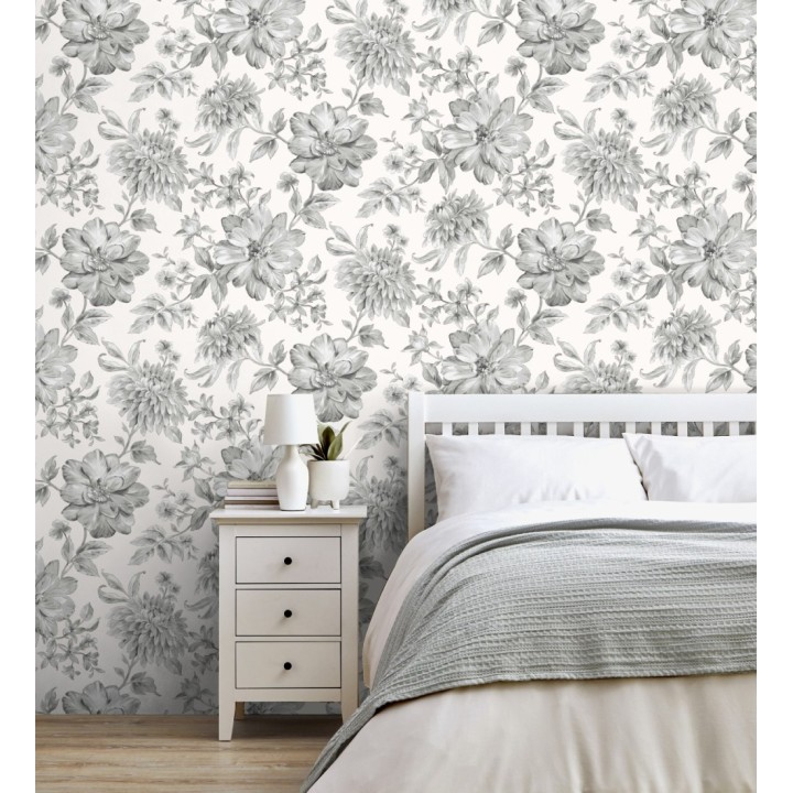 Papel pintado floral vintage tonos grises y blancos - Rosette Dream 683610