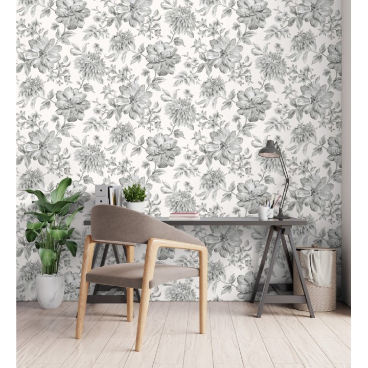 Papel pintado floral vintage tonos grises y blancos - Rosette Dream 683610