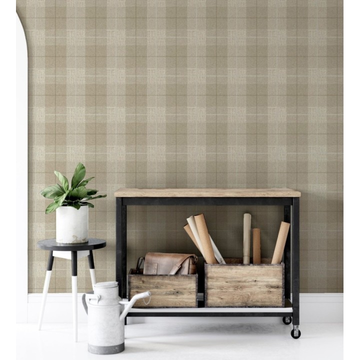 Papel pintado de cuadros escoceses efecto tela tartán color beige - Smith Tartan 126302