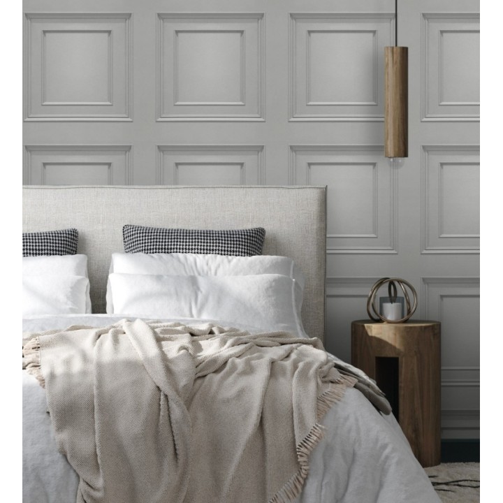 Papel pintado con efecto visual de casetones de madera color gris sin relieve - Hampton Frame 683612